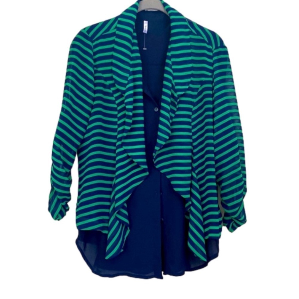 Cruise Cardigan Blousy Style Medium True Green Navy Blue Stripe Travelin Light - Picture 4 of 7